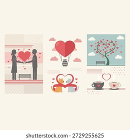 Uma coleção vibrante de ilustrações de design plano celebrando os temas universais de amor, romance e conexões sinceras através de diversas cenas de afeto e companheirismo