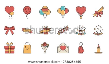 A vibrant collection of flat design outline icons symbolizing celebrations, love, and special occasions, featuring balloons, hearts, gift boxes, ribbons, flowers, and party decorations.
