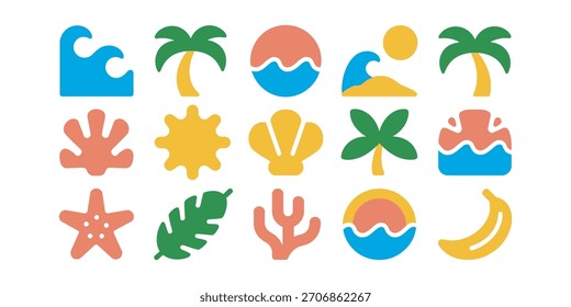 Vibrant collection of flat design tropical and beach themed icons, perfect for summer vacation, travel and holiday projects. Vector