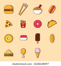 A vibrant collection of flat fast food icons including burgers, sushi, pizza, fries, donuts, tacos, and ice cream. Ideal for restaurant menus, food delivery apps, cafe promotions, and snack-related de