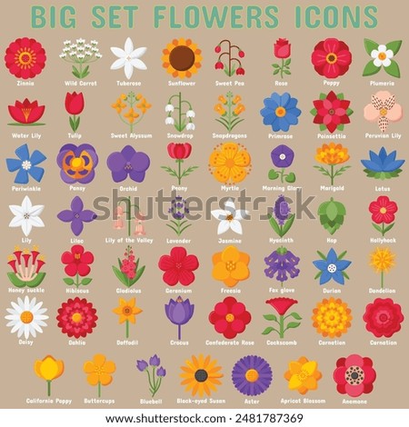 A Vibrant Collection of Flat Icon Flowers Featuring Anemone, Apricot Blossom, and Many More