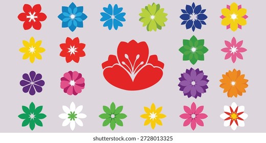 Una vibrante colección de íconos planos de flores de Vector con una amplia variedad de pétalos coloridos y Formas botánicas. Este conjunto floral es ideal para diseños con temática de primavera, marca de jardín y Elementos de tarjetas de felicitación decorativas.