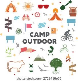 Uma coleção vibrante de ícones de vetor planos e ilustrações com temas em torno de campismo e exploração ao ar livre. Este conjunto inclui uma tenda, fogueira, mountain bike, equipamento de caminhada, elementos da natureza e tipografia "CAMP OUTDOOR". Perfeito para blogs de viagem, marcas de parques nacionais, panfletos de acampamento de verão e mercadorias com temas de aventura.