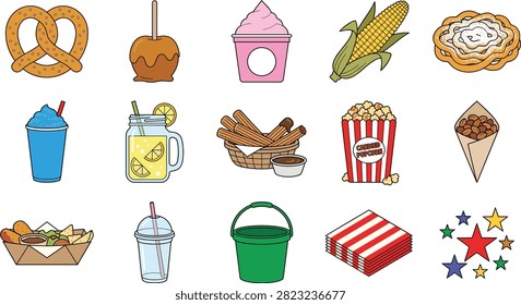 A vibrant collection of flat vector icons featuring popular carnival, festival, and amusement park street food. This versatile set includes snacks like pretzels, popcorn, churros, and lemonade, perfect for concession stand menus or summer event designs.