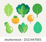 A vibrant collection of flat-style illustrations depicting various types of leafy greens, perfect for adding a touch of freshness and nature to your designs. Ideal for culinary themes.