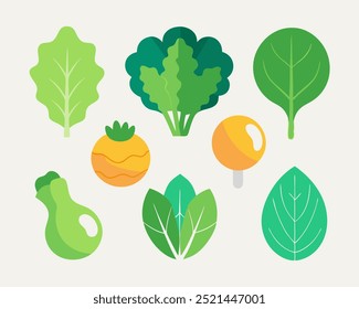 Uma coleção vibrante de ilustrações de estilo plano que retratam vários tipos de folhas verdes, perfeitas para adicionar um toque de frescura e natureza aos seus projetos. Ideal para temas culinários.