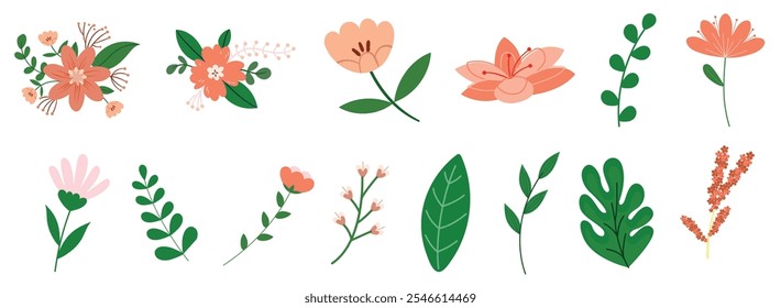 A vibrant collection of floral and botanical illustrations featuring various flowers and leaves in soft, warm tones. Ideal for nature-inspired designs and creative projects.