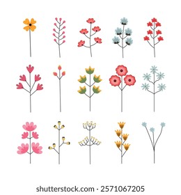 A vibrant collection of floral illustrations with colorful details, various flower designs, showcasing blooming plants, nature-inspired motifs, and decorative patterns