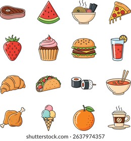 A vibrant collection of food and drink icons and stickers, perfect for menus and culinary themes.
