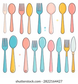 A vibrant collection of forks spoons and knives in various colors arranged on a plain background, ideal for dining and culinary themes.
