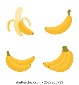 Uma coleção vibrante de quatro bananas em vários estágios: descascadas, inteiras e um cacho, perfeito para ilustrar a alimentação saudável ou temas tropicais.