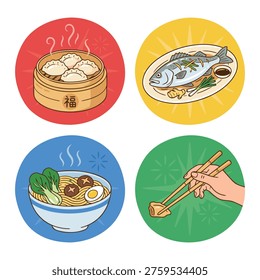 A vibrant collection of four circular icons showcasing popular Asian dishes including dim sum, steamed fish, noodle soup, and chopsticks with food.