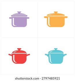 Vibrant collection of four cooking pots each in purple orange red and teal with matching lids displayed in a grid for kitchen design inspiration