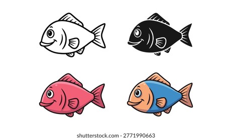A vibrant collection of four happy fish illustrations, presented in outline, silhouette, a bright pink, and a blue variant. These cheerful fish are ideal for aquatic or joyful themes.