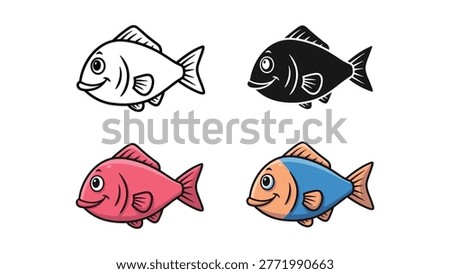 A vibrant collection of four happy fish illustrations, presented in outline, silhouette, a bright pink, and a blue variant. These cheerful fish are ideal for aquatic or joyful themes.