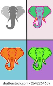 A vibrant collection of four stylized elephant head illustrations, each presented in a distinct color palette.