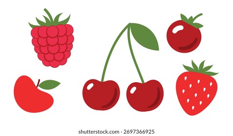 Uma coleção vibrante de framboesas frescas e maduras, cerejas, morangos e uma maçã, renderizada em um estilo de ilustração vetorial simples e plano.