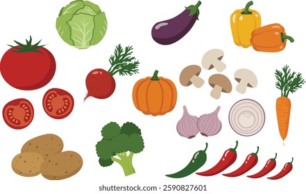 A vibrant collection of fresh vegetables, including tomatoes, potatoes, carrots, peppers, onions, garlic, mushrooms, broccoli, eggplant, cabbage, and chili peppers, perfect for food illustrations, 