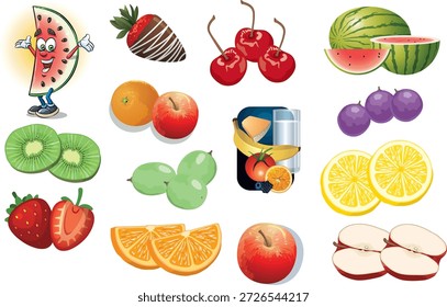 Uma coleção vibrante de ilustrações de frutas com frutas inteiras e fatiadas, como maçãs, melancia, morangos, quivis, cerejas, uvas, limões, limas e laranjas. O conjunto inclui elementos lúdicos como um morango mergulhado em chocolate e uma fatia de melancia com um rosto de desenho animado, tornando-o ideal para embalagens de alimentos, designs infantis, menus, marca e arte digital.