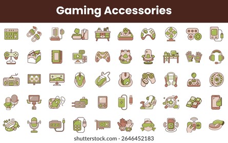 A vibrant collection of gaming accessories illustrated in a playful style, showcasing controllers, headsets, microphones, and more, all in earthy tones.