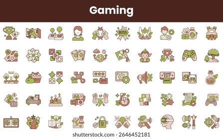 A vibrant collection of gaming-themed icons featuring characters, items, and elements in a playful and engaging design, perfect for game development projects.