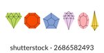 A vibrant collection of gemstone shapes in flat doodle style, including square, triangle, round, and oval gems. Perfect for jewelry design, games, education, and icons in colorful themes.