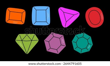 A vibrant collection of gemstone shapes in flat doodle style, including square, triangle, round, and oval gems. Perfect for jewelry design, games, education, and UI icons in colorful themes.
