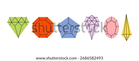 A vibrant collection of gemstone shapes in flat doodle style, including square, triangle, round, and oval gems. Perfect for jewelry design, games, education, and icons in colorful themes.