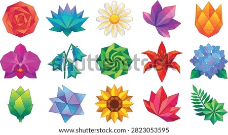 A vibrant collection of geometric flowers and leaves in a modern polygonal style