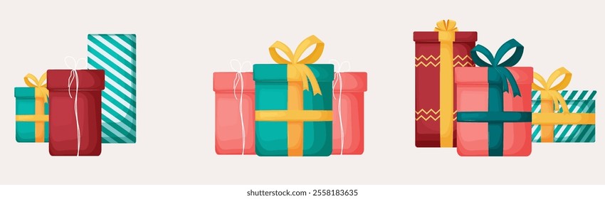 A vibrant collection of gift boxes featuring various patterns, ribbons, and bows. This vector illustration of small stacks of presents is perfect for themed projects, including greeting cards, posters