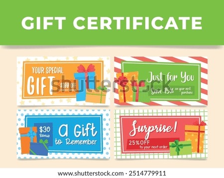 A vibrant collection of gift certificates featuring colorful designs, offers, and festive themes, aimed at enticing customers during a promotional sale.