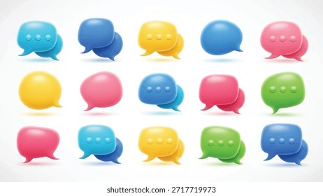 Colección vibrante de los iconos brillantes de la burbuja del discurso 3D que representan la comunicación digital moderna y los conceptos interactivos de la discusión