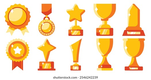 A vibrant collection of golden awards, including trophies, medals, and ribbons, designed in a flat style with bright colors and sparkling accents.