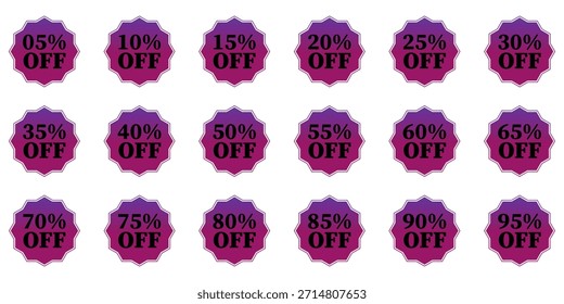 Vibrant collection of gradient purple and pink discount labels offering various percentage reductions from five to ninetyfive off for retail promotions
