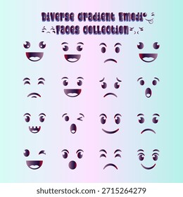 Una vibrante colección de caras emoji de colores degradados que muestran una gama de emociones humanas como la felicidad, la tristeza y la sorpresa. Ideal para comunicación digital, redes sociales y conceptos emocionales.