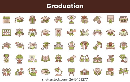 A vibrant collection of graduation icons featuring caps, diplomas, awards, and celebratory elements, perfect for graduation-themed designs and announcements.