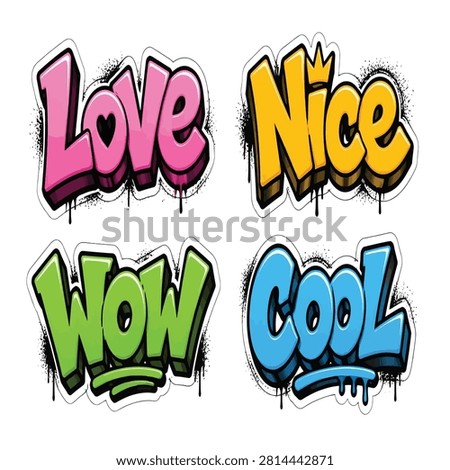 A vibrant collection of graffiti-style text stickers featuring the words Love, Nice, Wow, and Cool. 3D urban street art lettering with paint drips, splatters, and white die-cut borders. Perfect vector graphic elements for youth apparel, pop art designs, comic book typography, and creative urban illustrations.