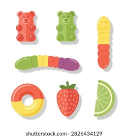 A vibrant collection of gummy bears, gummy worms, a donut, a strawberry, and a lime slice
