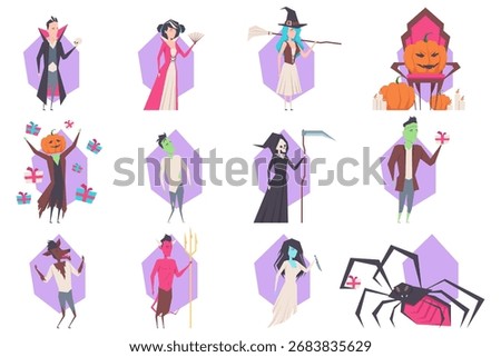 Vibrant collection of Halloween-themed characters including vampire, witch, ghost, and pumpkin. Perfect for festive decorations or themed events