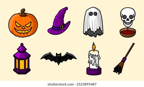 A vibrant collection of Halloween-themed icons, including a jack-o'-lantern, witch hat, ghost, skull, lantern, bat, candle, and broomstick, all illustrated in a playful cartoon style.