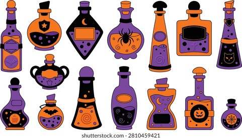 A vibrant collection of Halloween-themed potion bottles in orange and purple, featuring spooky symbols like bats, spiders, and pumpkins.