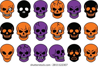A vibrant collection of Halloween-themed skull vector graphics, perfect for creating unique pet collars, spooky apparel designs, and festive decorations.