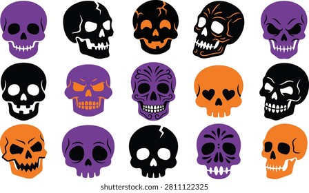 A vibrant collection of Halloween-themed skull vector illustrations, perfect for creating unique pet collars, apparel designs, and spooky seasonal graphics.
