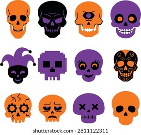 A vibrant collection of Halloween-themed skull vectors, perfect for creating unique collar designs, spooky graphics, or festive digital artwork for the holiday.