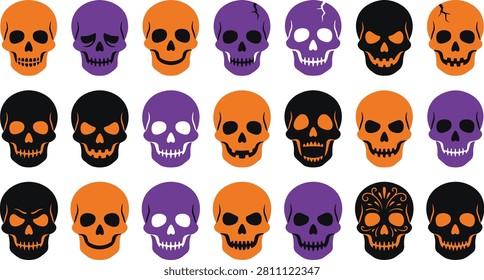 A vibrant collection of Halloween-themed skull vectors, ideal for creating unique pet collars, spooky apparel designs, and festive holiday graphics.