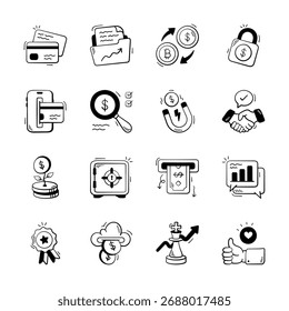 A vibrant collection of hand drawn doodle icons depicts financial concepts