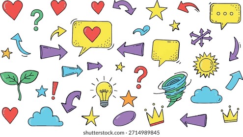 Uma coleção vibrante de ícones de rabiscos desenhados à mão, incluindo corações, setas, estrelas, pontos de interrogação, balões de fala, lâmpadas, nuvens e folhas, perfeito para projetos criativos.