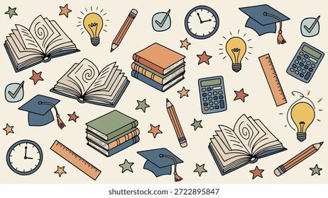 Una vibrante colección de útiles escolares dibujados a mano y herramientas de aprendizaje que incluyen libros, lápices, Reglas, calculadoras y gorras de graduación que representan el conocimiento