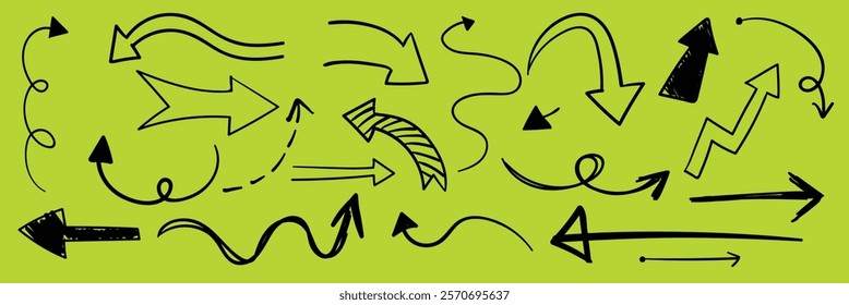 A vibrant collection of hand-drawn arrows on a bright green background. Various arrows, including curved, zigzag, and straight, in a playful, artistic style. Hand drawn doodles element set. Vectors.