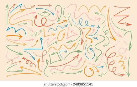 Vibrant Collection Of Hand-drawn Arrows In Various Shapes And Colors, Pointing In Different Directions